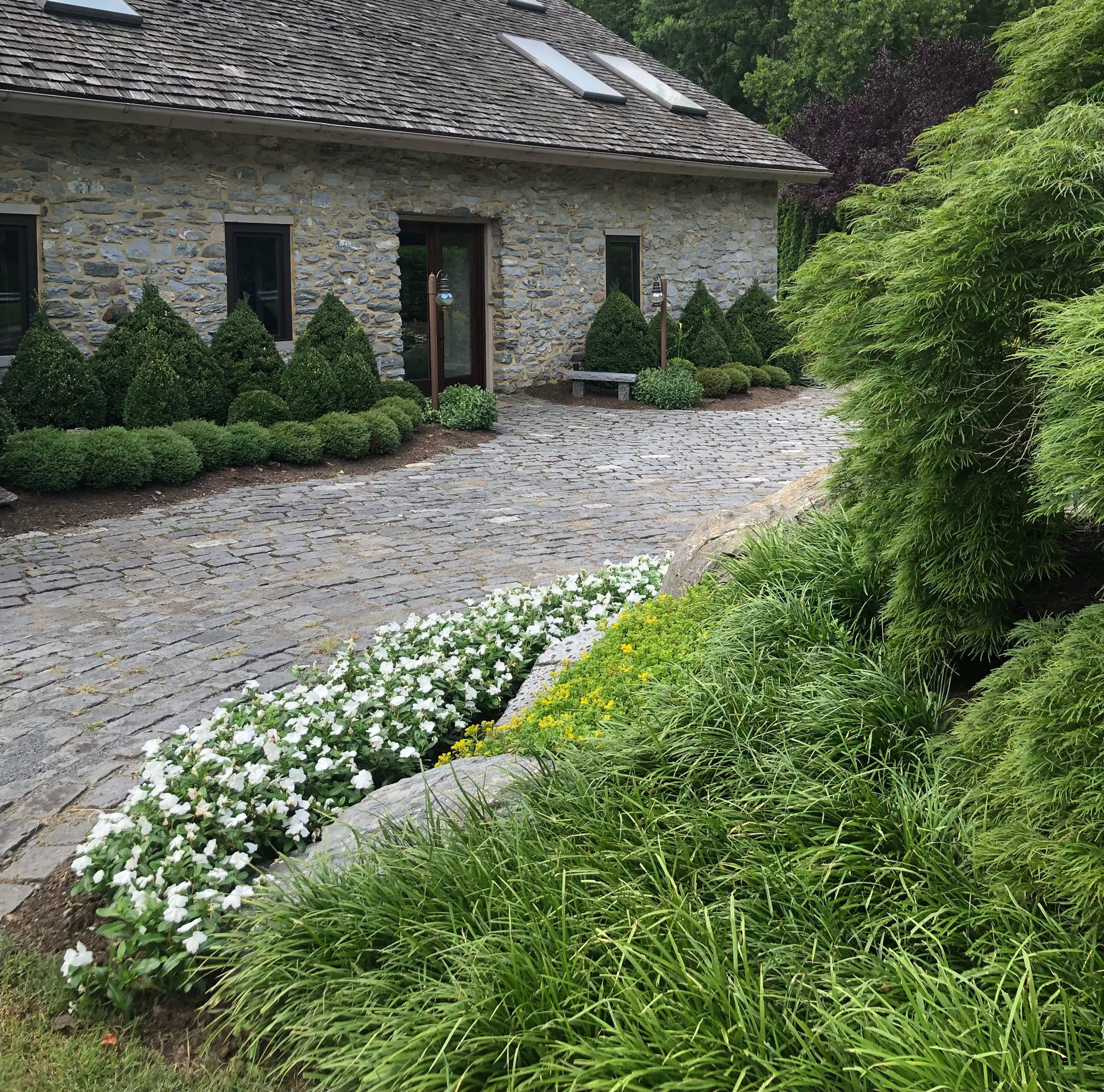 Landscaping around historic building with stone driveway surrounded by greenery and white flowers.