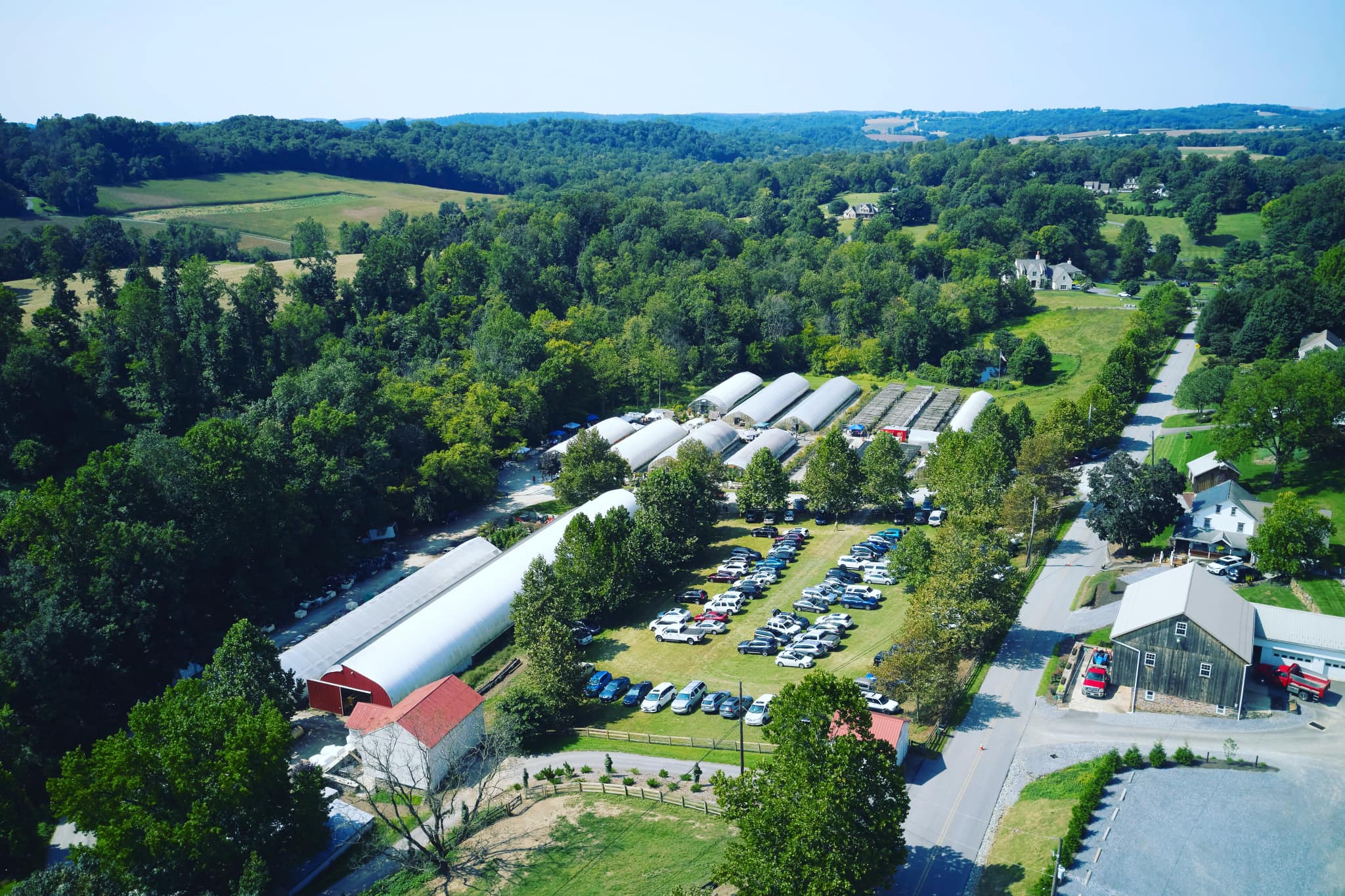 Birds eye view of Tudbink's Farm and greenhouses