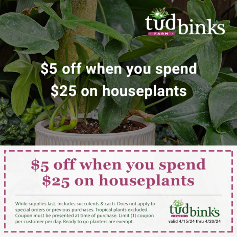 Coupon for $5 off when you spend $25 on houseplants. Sale runs April fifteen to April twentieth two-thousand and twenty-four