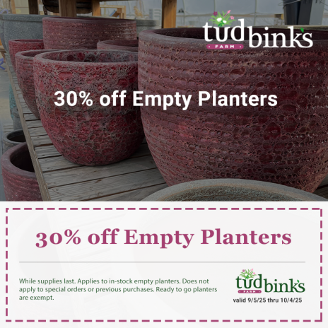 Coupon for 30% off empty planters at Tudbinks Farm