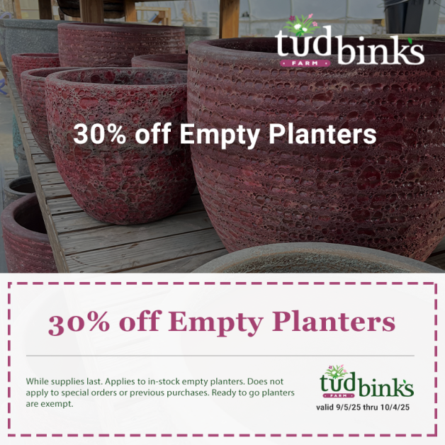 Coupon for 30% off empty planters at Tudbinks Farm