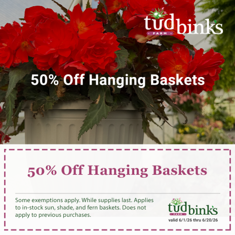tudbinks 50% off hanging baskets june 2026 coupon